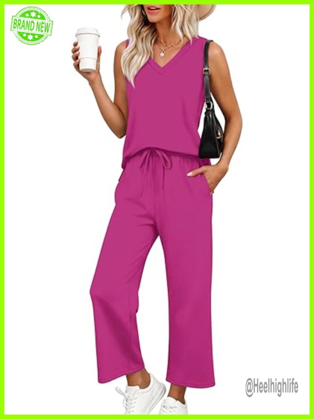 Two Piece Lounge Set V Neck Tank and Wide Leg Pants with Pockets